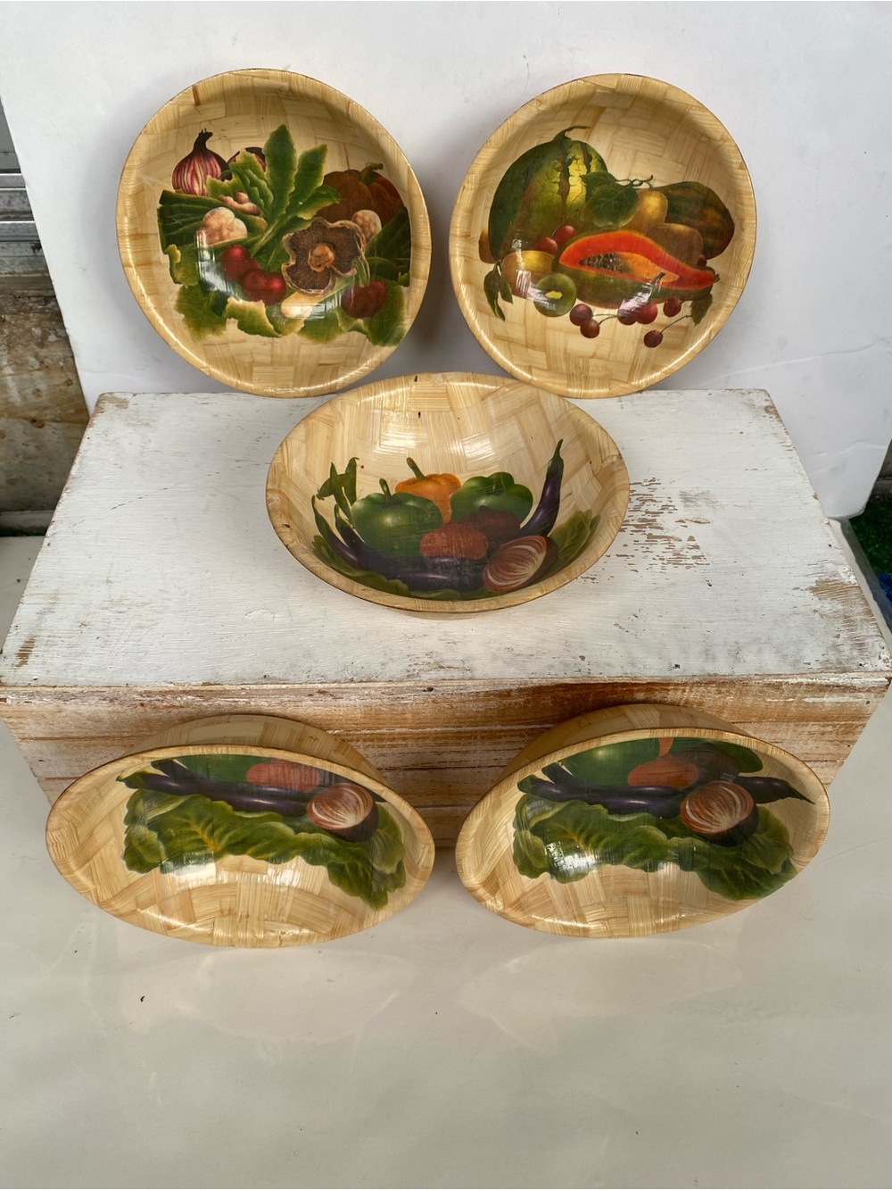 Woven Pressed Bamboo 5 Bowls Set Of 6 By 6 inch Vintage Vegetable Design